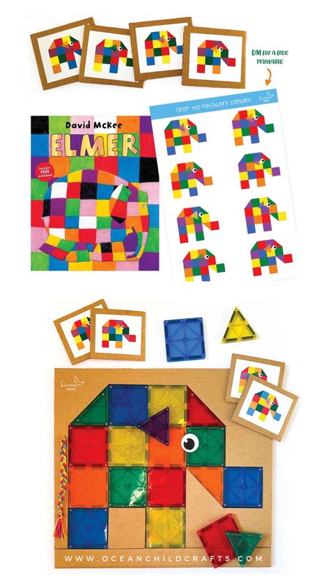 Elmer the elephant puzzle craft and printable. Book from David Mckee. Perfect to use with magnetic tiles. For kindergarten and preschool. Elmer Ideas Eyfs, Elmer The Patchwork Elephant Activities, Elmer The Elephant Template Free Printable, Elmer Elephant Craft, Elmer The Elephant Craft, Elmer Preschool Activities, Elmer Activities Eyfs, Elmer The Elephant Activities Preschool, Elephant Activities For Preschool