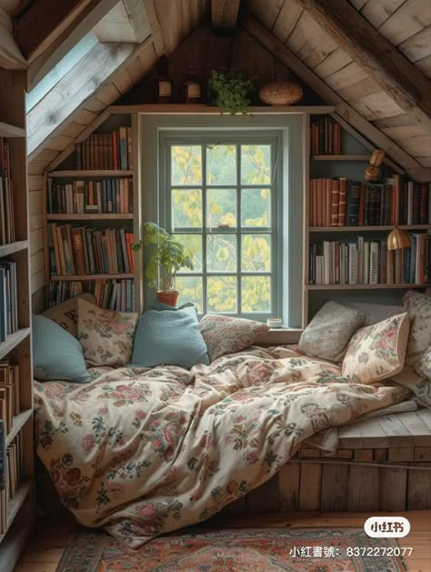 Attic Book Nook, Library Attic, Attic Reading Nook, Small Attic Room, Attic Library, Home Library Rooms, Western Rooms, Bedroom Frames, Kids Room Interior Design