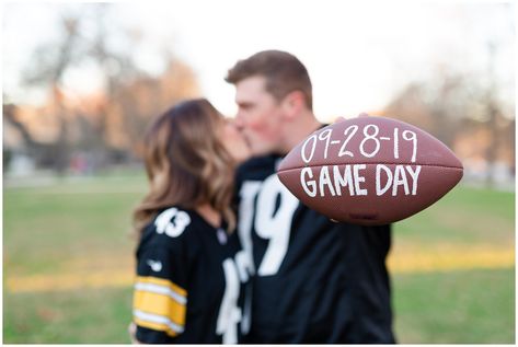 Nfl Wedding Ideas, Football Themed Engagement Photos, Rugby Wedding Ideas, Football Theme Wedding Ideas, Engagement Photos Football, Football Field Engagement Photos, Football Engagement Photos, Football Engagement Party, Sports Wedding Ideas