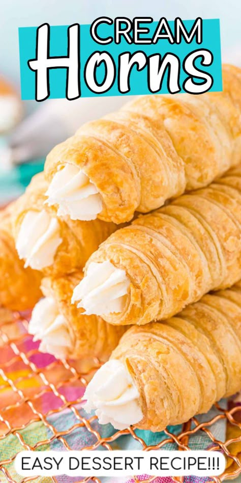 This easy Cream Horns recipe is made with puff pastry that's wrapped and baked until golden a flaky and filled with a sweet and fluffy cream filling! via @sugarandsoulco Flaky Pastry Filling, Pastries For Coffee Shop, Crème Horns, Puff Pastry Butter Bread, Appetizer Puff Pastry, Cream Horns Recipe, Appetizers Puff Pastry, Puff Pastry Recipes Dinner, Puff Pastry Appetizer