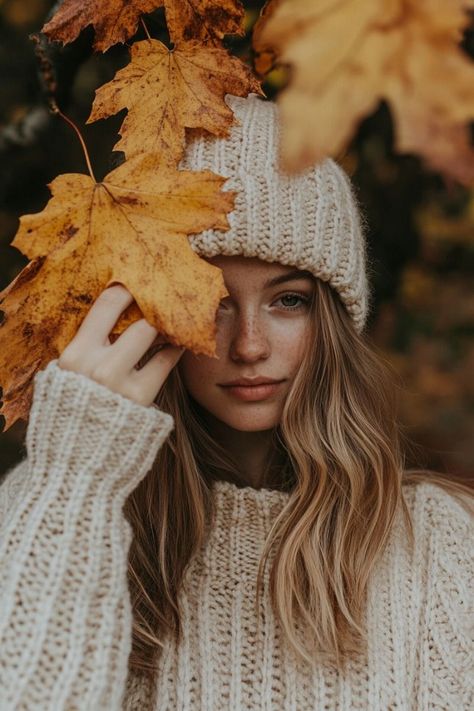 Fall Outdoor Portraits, Whimsical Fall Photoshoot, Autumn Photoshoot Poses, Autumn Portrait Photo Ideas, Fall Photoshoot Hairstyles, Cold Weather Photoshoot Outfit, Fall Leaf Photography, Fall Selfie Ideas, Fall Branding Photoshoot