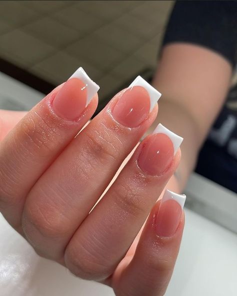 French White Tips Nails, Small Squared Acrylics, Short Basic French Tip Nails, White French Tips Short Square, Deep U French Nails, Nails Acrylic Square Round, Deep French Square Nails, Short Nail Designs Gel Simple French Tips, Short Acrylic Nails French Tip White