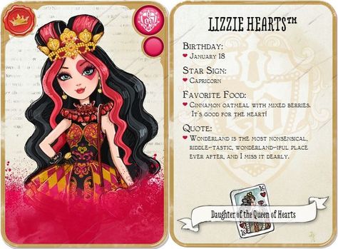 Of the four types of rewards to obtain on the Ever After High website, the cards are the most... Ever After High Names, Lizzie Hearts, Raven Queen, Ever After High, Evil Queen, Queen Of Hearts, Dracula, Star Signs, Happily Ever After