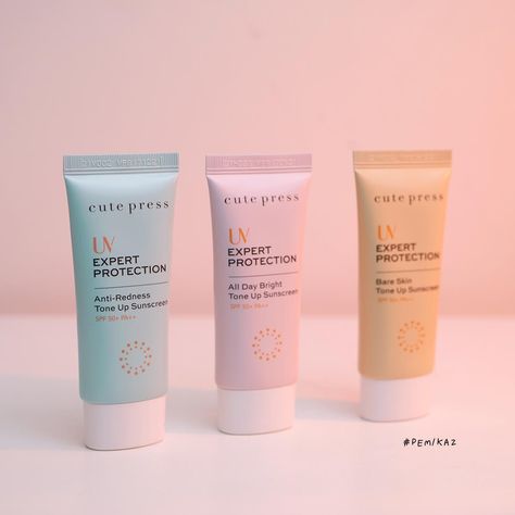 CUTE PRESS UV EXPERT TONE UP SUNSCREEN 💚💖🧡 Suncream Face, Cute Sunscreen, Face Cute, Anti Redness, Sunscreen Spf 50, Bare Skin, Tone Up, Tone It Up, Spf 50