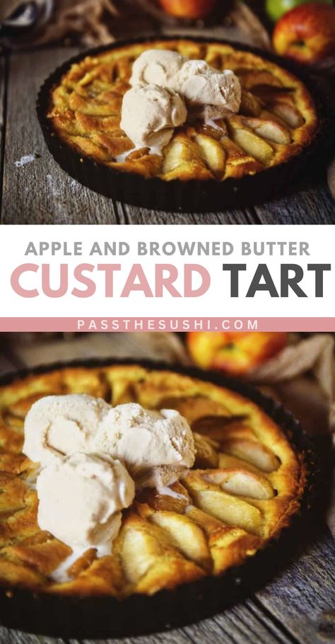 A delicious treat, this apple and browned butter custard tart is easy and decadent! Fall Eats, Apple Custard, Custard Tarts, Come Dine With Me, Apple Season, Custard Tart, Holiday Eating, Rhine River, Browned Butter