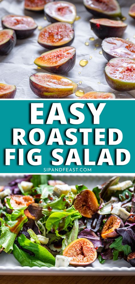 Roasted fig salad with mixed spring greens, honey roasted figs, Dijon-balsamic vinaigrette and topped with cubed gorgonzola dolce. This is a delicious summer salad that will impress everyone! #saladrecipes #summerrecipes #summersalad #mixedgreens #roastedfigs Roasted Fig Salad, Salads With Figs, Salads With Fresh Figs, Figs Salad Recipes, Fig Salad Dressing, Figs Salad, Fig Salad Recipes, Sip And Feast, Roasted Figs