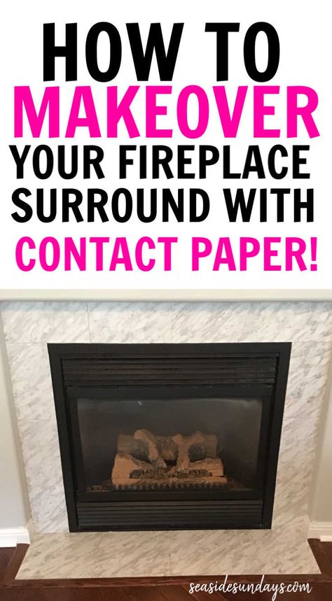 Makeover your fireplace surround with contact paper for a budget-friendly DIY renovation! I used carrara marble contact paper on my tile fireplace and it looks amazing! This is such a quick and cheap fix for renters or anyone on a reno budget! Instead of retiling your fireplace, you can use peel and stick contact paper tiles for a fireplace you love! Peel And Stick Paper For Fireplace, Contact Paper On Fireplace, Fireplace Contact Paper, Contact Paper Fireplace Surround, Contact Paper Fireplace, Renter Friendly Fireplace Makeover, Peel And Stick Tile For Fireplace, Paper Fireplace, Fireplace Paint