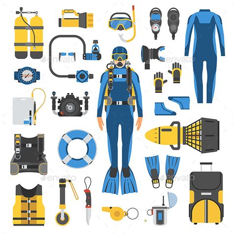 Scuba Diving Elements and Gear Set by krugli Diving set of elements. Scuba diver man in wetsuit, scuba gear and accessories. Underwater activity appliances and sports items is Scuba Gear Aesthetic, Gear Template, Scuba Diver Costume, Diving Regulator, Scuba Diving Tank, Diver Art, Scuba Equipment, Dove Set, Diving Tank