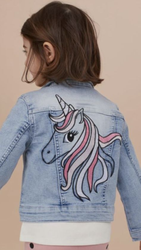 A Line Frock, Denim Jacket Painted, Jean Jacket Design, Customised Denim Jacket, Kids Denim Jacket, Diy Denim Jacket, Blue Unicorn, Hand Painted Denim Jacket, Girls Denim Jacket