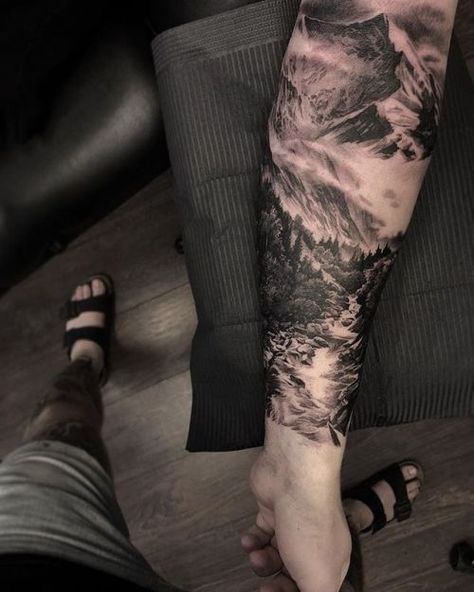 Forest Tattoo Sleeve, Natur Tattoo Arm, River Tattoo, Nature Tattoo Sleeve, Biomechanical Tattoo, Forearm Tattoo Design, Forearm Sleeve Tattoos, Forest Tattoos, Landscape Tattoo