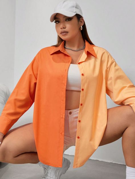 Orange Casual Collar Long Sleeve Woven Fabric Colorblock Shirt Embellished Non-Stretch  Women Plus Clothing Orange Clothes, Orange Clothing, Colorblock Shirt, Orange Streetwear, Drop Shoulder Shirt, Orange Outfit, Orange Baby, Orange Shirt, Suit Shirts