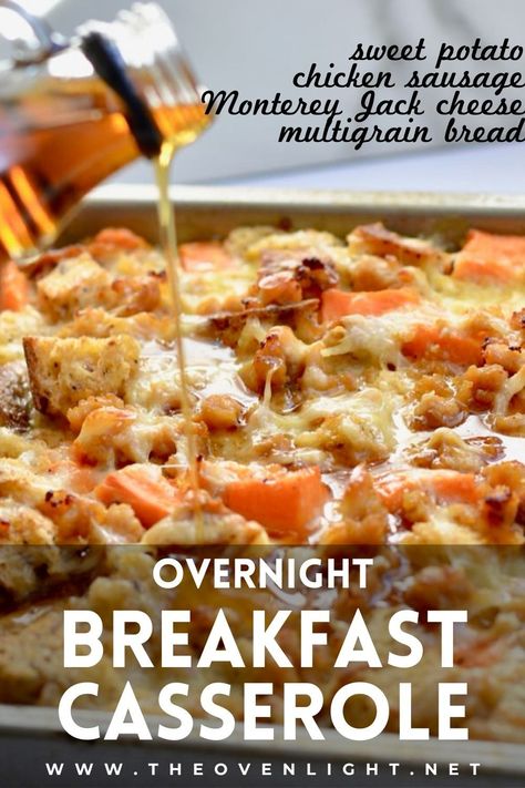 Overnight Sausage Breakfast Casserole | Sweet potatoes, chicken sausage, Monterey jack cheese and multigrain bread. Throw it together the night before and bake when you wake! Amazing flavors and so easy! #breakfastcasserole #fallbreakfast #overnightbreakfast Sweet Potatoes Chicken, Oven Breakfast, Sausage Breakfast Casserole, Potatoes Chicken, Breakfast Strata, Healthy Breakfast Casserole, Healthy Banana Muffins, Multigrain Bread, Overnight Breakfast Casserole