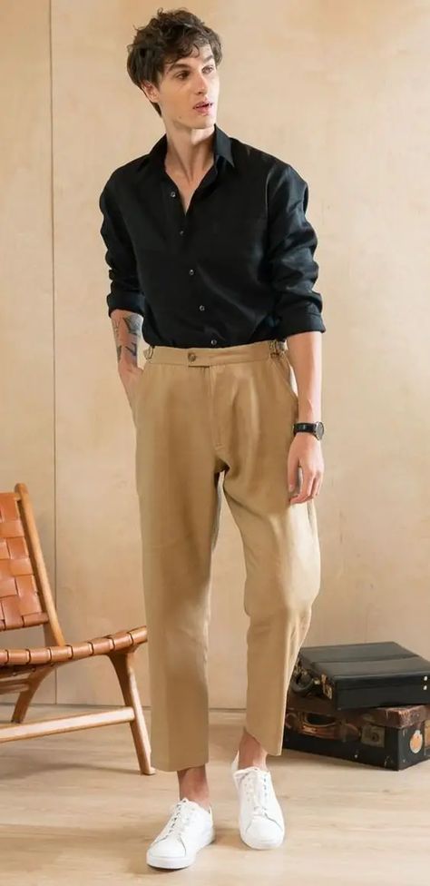 16 birthday outfit ideas for men in 2024: Stylish and trendy options - mens-club.online Black Summer Men Outfit, Black Shirt Beige Pants Outfit Men, Black Shirt Beige Pants Men, Men Linen Outfit Casual, Black Linen Outfit Men, Black Shirt Khaki Pants Outfit Men, Black And Beige Outfit Men, Khaki Shirt Outfit For Men, Black Linen Pants Outfit Men