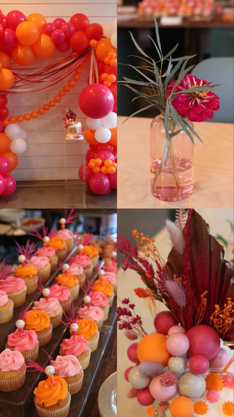 Orange, Pink and Gold birthday party decorations Pink Orange Birthday Theme, Pink And Orange Desserts, Pink Orange Gold Graduation Party, Orange Pink Birthday Party, Pink Orange Baby Shower Ideas, Hot Pink And Orange Birthday Cake, Pink And Orange Themed Party, Grad Party Ideas Pink And Orange, Pink Orange Yellow Graduation Party