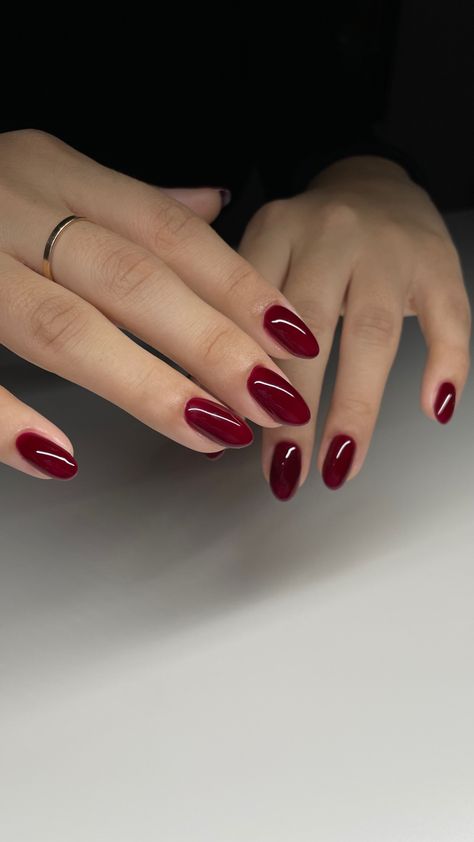 Red Wine Nail Color, Wine Almond Nails, One Color Acrylics, Red Nails Wedding, Cranberry Nail Color, Red Nails Natural, Dark Cherry Red Nails Almond, Mulled Wine Nail Color, Cranberry Red Nails