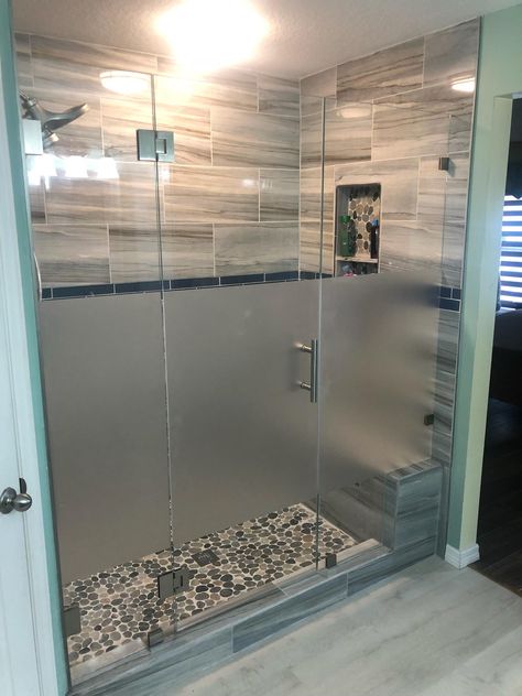 Frameless unit with Privacy Strip - JV Shower Doors and More 5 Foot Shower Glass Doors, Shower With Privacy, Shower Glass Privacy, Shower Box Bathroom, Frosted Shower Doors Walk In, Master Shower Privacy, Privacy Shower Door, Fiber Glass Shower Ideas, Glass Shower Privacy Ideas