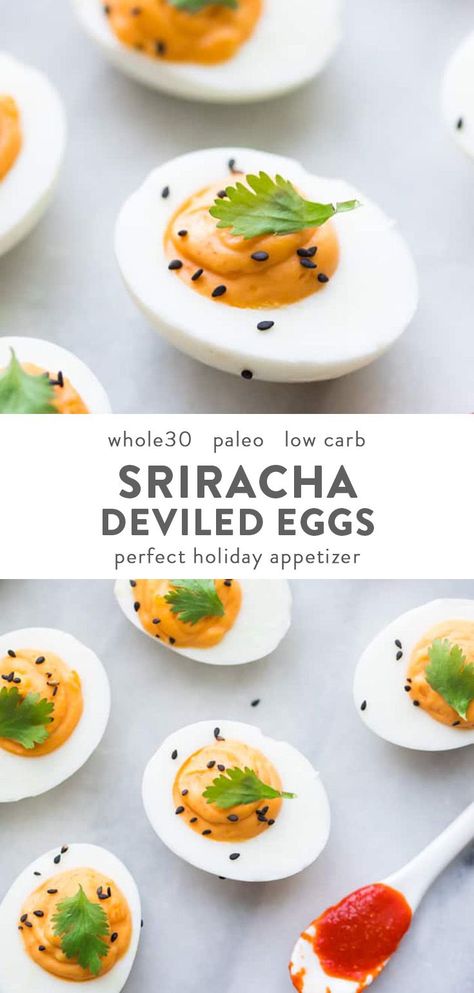 These sriracha deviled eggs are creamy and perfectly spicy, with a back-of-throat tingle you'll just love. These sriracha deviled eggs are Whole30 and paleo, making them a perfect addition to your primal meal rotation. They're a great Whole30 appetizer recipe, too! #appetizer #sriracha Baby Shower Brunch Food Ideas, Whole30 Thanksgiving, Food Ideas Appetizers, Paleo Appetizer, Catering Appetizers, Sriracha Deviled Eggs, Baby Shower Brunch Food, Paleo Christmas, Party Tricks