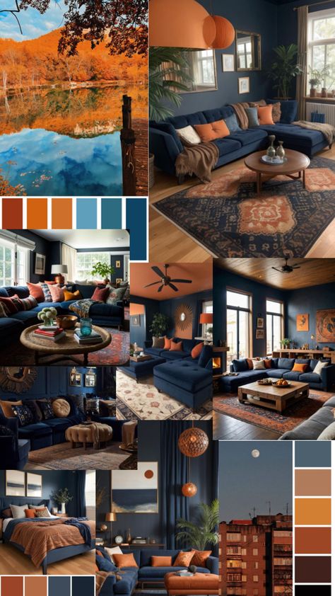 Navy House Interior Color Schemes, Navy And Orange Living Room Decor, Navy Terracotta Living Room, Blue And Burnt Orange Living Room, Blue And Orange Living Room Color Scheme, Navy Orange Living Room, Navy Blue Colour Palette Living Room, Blue Brown And Grey Living Room, Navy Blue And Terracotta Living Room