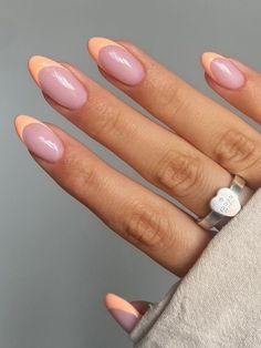 Peach Nail Tips, Peachy French Tip Nails, Peach French Manicure, Pastel Orange Nails Peach, Peach French Tips, Peach French Tip Nails, Peach Nails Design, Simple Summer Nails Short, Coral Acrylic Nails