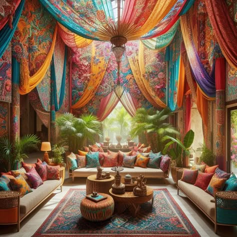 Vibrant Exotic Textiles Draping Spaces in Tropical Elegance Indian Theme Restaurant, Boho Terrace, Indian Bungalow, Chilling Room, Decorating With Fabric, Tropical Paradise Theme, Boho Cafe, Tropical Decor Ideas, Boho Outdoor Space