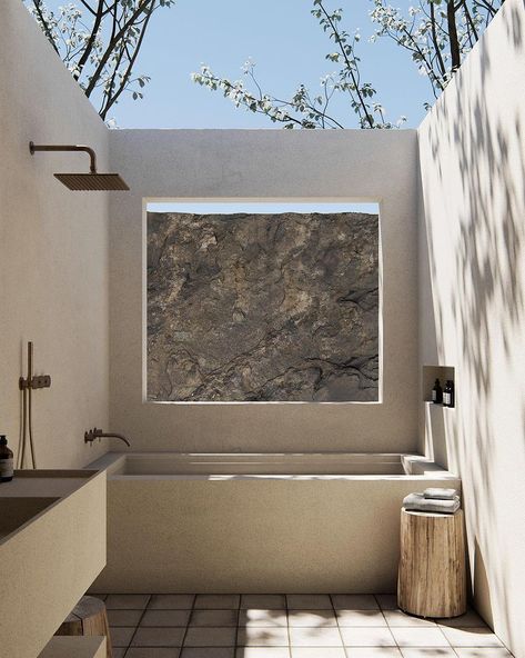 Stucco and locally sourced clay tile for the outdoor master shower of our Terra project. #NAINOA Outdoor Bathrooms Ideas, Outdoor Restroom, Indoor Outdoor Bathroom, Outdoor Bathroom Design, Outdoor Bathroom, Master Shower, Outdoor Bathrooms, Interiors Dream, Clay Tiles