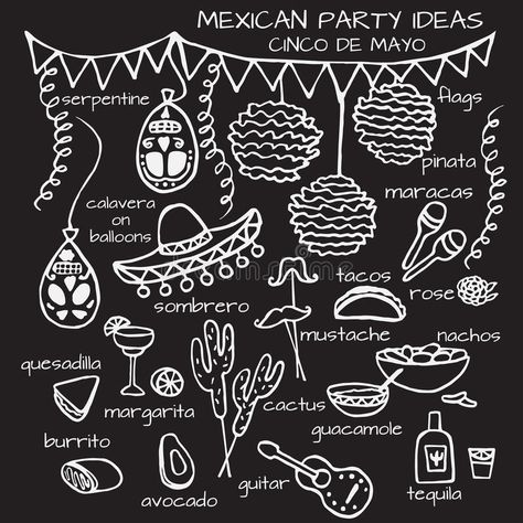 Fiesta Drawing, Mexican Things To Draw, Mexican Doodles, Taco Chalkboard Art, Fiesta Chalkboard Art, Taco Chalkboard Sign, Cinco De Mayo Drawing Ideas, Blackboard Drawing, Food Doodles