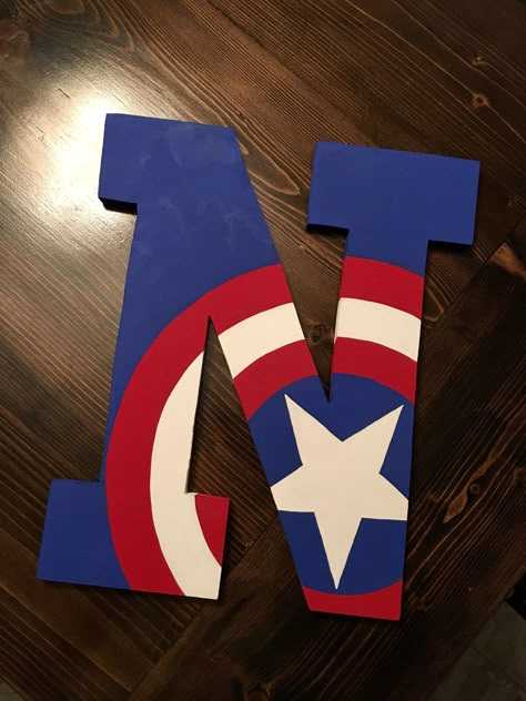 Marvel Letters Diy, Painted Letters Ideas, Superhero Letters Diy, Captain America Party Decorations, Avengers Letters, Wooden Letter Painting Ideas, Captain America Decorations, Baby Bedroom Boy, Superhero Letters