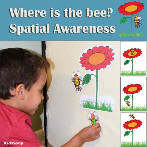 With our preschool spatial awareness game "Where is the Bee?" children practice spatial orientation and learn to use positional words correctly. By searching and finding the bee in different areas of the room, such as above, below, behind, or next to, they develop a better understanding of spatial relationships.