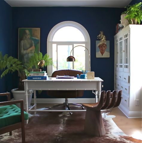 The colors from the very depths of the sea are embraced by this scheme, rich tones of emeralds and sapphires are extremely calming and cozy. They may be used in their most intense forms or in a mix… Navy Blue Paint, Hand Chair, Navy Walls, Blue Office, Favorite Paint Colors, Emily Henderson, Blue Rooms, White Furniture, Blue Walls