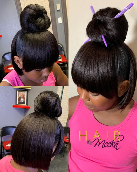 Follow me on ig for more styles @hairbymeeka | top knots and chopsticks Black Women Updo Hairstyles, Half Up Do, Black Hair Bun, Pretty Ponytails, Kylie Hair, Alopecia Hairstyles, Weave Ponytail Hairstyles, Chopstick Hair, Weave Ponytail