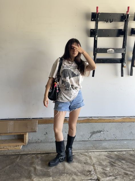 Moto boots outfit harley davidsons cutoffs band tee Steve Madden Moto Boots, Summer Rocker Outfit, Styling Moto Boots, Moto Boots Outfit Summer, Harley Davidson Outfits Woman, Buckle Boots Outfit, Band Tshirt Outfit, Moto Boots Outfit, Biker Boots Outfit