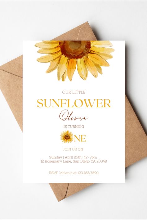 Sunflower 1st Birthday Party Decoration, Sunflower Theme For 1st Birthday, One Year Old Sunflower Birthday, Sunflower Birthday Invitations, Sunflower First Birthday Invitation, Invitation Card Design Sunflower, Sunflower Invitations, 1st Birthday Party Decorations, 1st Birthday Party Themes