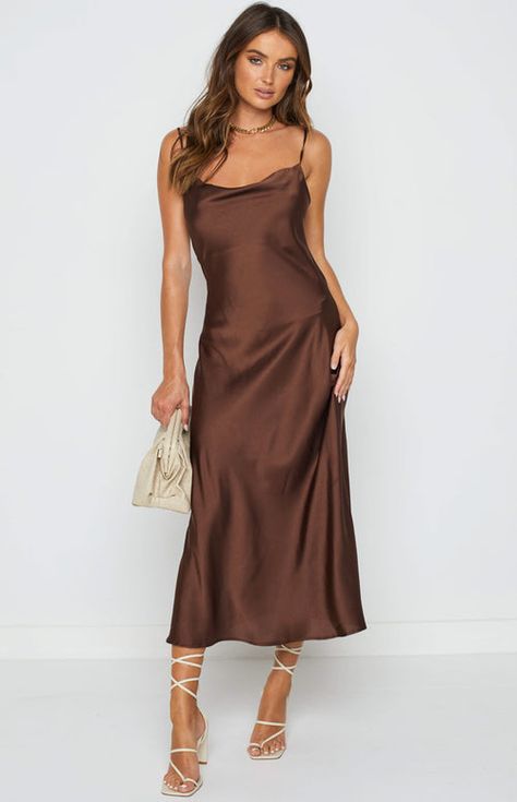 Brown Satin Dress, Brown Cocktail Dress, Midi Dress Brown, Chocolate Brown Dress, Brown Bridesmaid Dresses, Cocktail Midi Dress, Midi Bridesmaid Dress, Casual Midi Dress, Leg Split