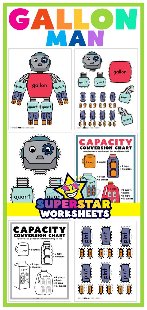 FREE Gallon Man printables for students. Our printable gallon man chart will aid students in learning, "how many cups are in a gallon?". Children will learn how to convert volume measurements. #superstarworksheets #gallonman #mrgallonman #printable #free #math Gallon Man Project, Gallon Man Printable, Gallon Man, Measurement Kindergarten, Educational Decor, Measurement Worksheets, Measurement Activities, Homeschool Board, Free Printable Activities