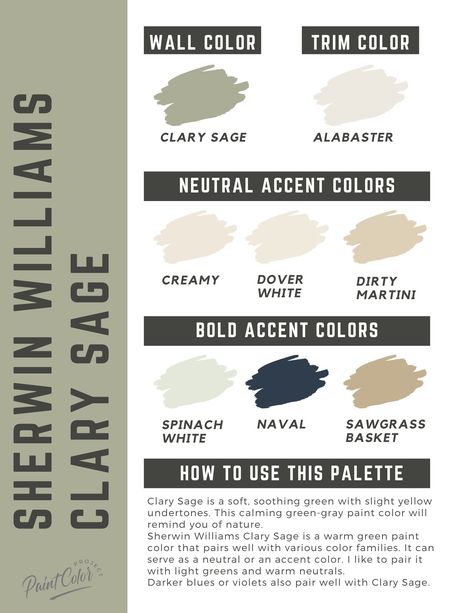 Paint Colors With Dark Furniture, Sherwin Williams Clary Sage, Soft Green Paint Color, Sage Paint Color, Sage Color Palette, Sherwin Williams Green, Olive Green Paints, Sherwin Williams Color Palette, Sage Green Paint