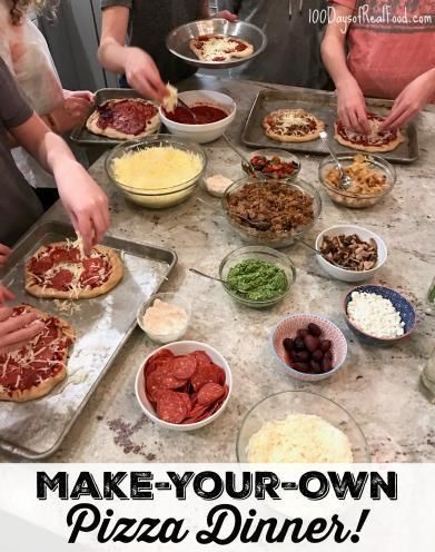 How to: Make Your Own Pizza Night - 100 Days of Real Food Family Night Food, Diy Pizza Party Ideas, Make Your Own Pizza Birthday Party, Homemade Pizza Bar, Wine And Pizza Party, Pizza Making Station, At Home Pizza Night, Pizza And Wine Night, Pizza Topping Bar