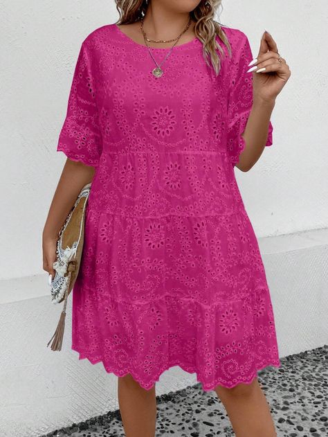 Plus Eyelet Embroidery Ruffle Hem Smock Dress | SHEIN USA White Dress Styles, Chic Summer Dresses, Smocked Dresses, Pink Summer Dress, Eyelet Embroidery, Game Dresses, Ruffle Hem Dress, Burn Out, Sweater Dress Women