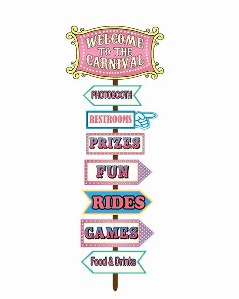 Carnival Theme Party Decorations, Carnival Game Signs, Pastel Carnival, Carnival Party Favors, Carnival Theme Party, Carnival Signs, Carnival Baby Showers, Direction Signs, Circus 1st Birthdays