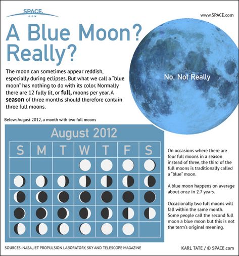 Thought to be called "blue" after an old english term meaning "betrayer," a Blue Moon is an extra new moon that occurs due to a quirk of the calendar. Moon Infographic, Astronomy Terms, Full Blue Moon, Moon Science, Full Moon Rising, Space Unit, Moon Photos, Moon Rise, Blood Moon