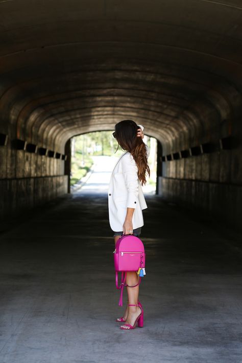 Pink Sandals Outfit Summer, Hot Pink Pumps Outfit, Pink Bag Outfit Summer, Pink Heels Outfit Dresses, Hot Pink Heels Outfit, Hot Pink Shoes Outfit, Pink Backpack Outfit, Hot Pink Bag Outfit, Valentino Rockstud Outfit