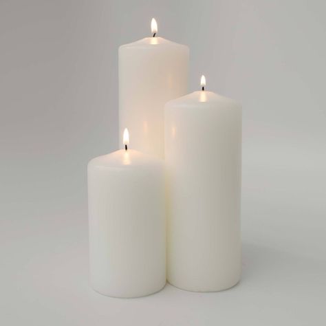 White pillar candles Spooky Bedroom, Pilar Candles, Ivory Candles, White Pillar Candles, Making Candles, Uni Room, White Tv, Reception Tables, Candle Aesthetic