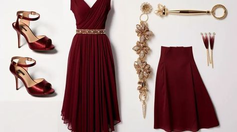 burgundy dress with gold accessories Burgundy Dress With Silver Jewelry, Burgundy Color Combinations Outfits, Burgundy Dress Accessories, Dress With Gold Accessories, Burgundy Dress Outfit, Burgundy Formal Dress, Burgundy Gown, Lace Burgundy Dress, Color Combinations For Clothes