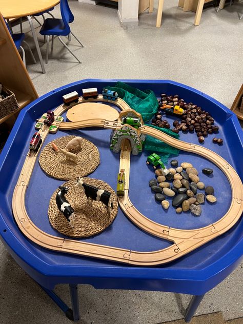 Small world train track activity Reception Classroom, Transportation Activities, Tuff Spot, Eyfs Classroom, Tuff Tray, Train Activities, Small World Play, Train Tracks, Early Childhood Education