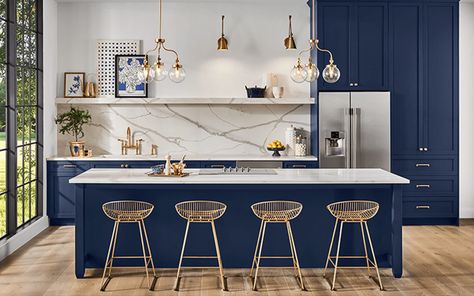 Naval SW 6244 | Blue Paint Colors | Sherwin-Williams Painted Brick House, Indigo Batik, Sherwin Williams Colors, Blue Paint Colors, Blue Cabinets, White Paint Colors, Elegant Kitchens, Painted Brick, Blue Kitchens