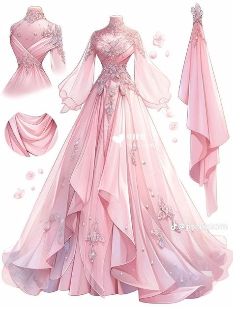 Long Pink Dress Aesthetic, Long Dress Drawing Reference, Royal Dress Drawing, Pink Dress Drawing, Louise Core, Dreamy Gowns, Dress Design Drawing, Gowns Dresses Elegant, Old Fashion Dresses