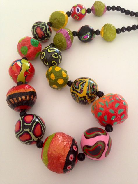 Polymer and painted paper mâché. By beadunsupervised Paper Clay Beads, Paper Mache Jewelry Diy, Paper Mache Beads, Papier Mache Jewelry, Paper Bead Necklace, Fimo Beads, Beautiful Beaded Bracelet, Paper Bead Jewelry, Magazine Crafts