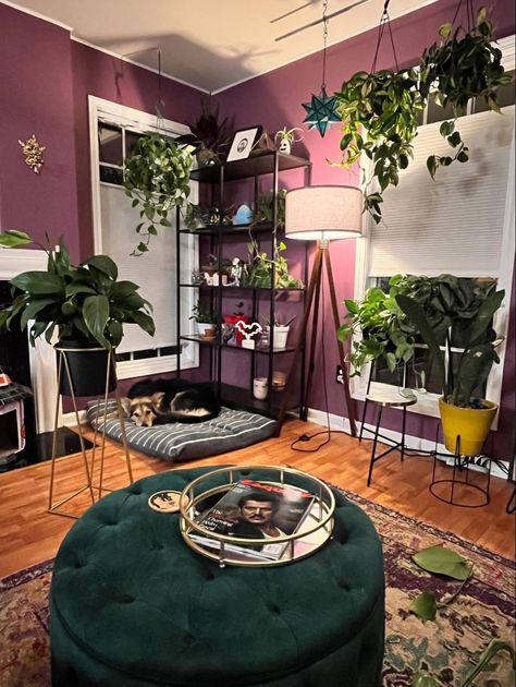 Maximalist Green Living Room, Purple Maximalist Living Room, Purple Boho Living Room, Dark Purple Walls Living Room, Purple Paint Room Ideas Bedrooms, Plum Room Decor, Purple And Green Apartment Decor, Forest Green Living Room Ideas, Purple Green Room Aesthetic