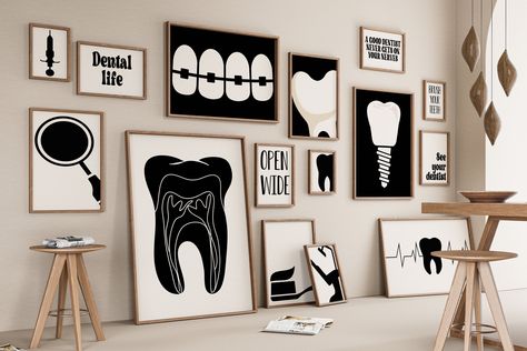 "Dentist Gallery Set of 15 Drawings, Dental Office Decoration, Dentistry Print, Toothbrush Poster, Clinic Digital File, Tooth, Black White *This is a DIGITAL DOWNLOAD. Your order will include a 1zip file with 15 maps in it each with 5 high-resolution files (300 DPI, pixels per inch) in the sizes listed below. Link to 6  Black White Dentist Wall Gallery Prints-   https://namiby.etsy.com/listing/1593272647  This purchase is for PERSONAL USE ONLY, commercial use is prohibited  🖌️File 1 (2:3 Ratio) for printing: INCHES - 6\"x9\" | 8\"x12\" | 10\"x15\" | 12\"x18\" CM - 16x24cm | 20x30cm | 24x36cm | 30x45cm 🖌️File 2 (3:4 Ratio) for printing: INCHES - 6\"x8\" | 9\"x12\" | 12\"x16\" CM - 15x20cm | 24x32cm | 30x40cm 🖌️File 3 (4:5 Ratio) for printing: INCHES - 8\"x10\" | 16\"x20\" CM - 20x25cm | Dental Clinic Decoration Ideas, Dental Office Art, Dental Interior, Dental Clinic Design, Dental Clinic Interior, Orthodontic Office Design, Dental Wall Art, Dental Design Interior, Clinic Art