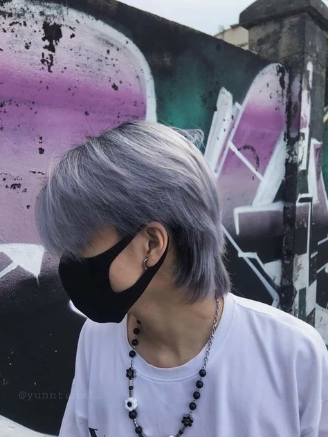 Silver Blue Hair Men, Asian Mullet Haircut Men, Mullet Dyed Hair, Mullet Tomboy, Hairstyle Tomboy, Asian Tomboy Haircut, Tomboy Hairstyle, Asian Mullet, Asian Tomboy