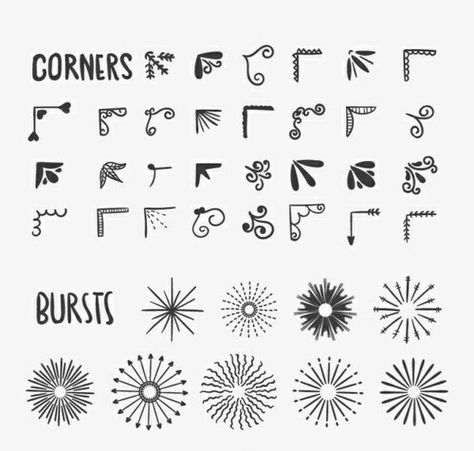 Corner Borders For Paper Hand Drawn, Corner Embellishment Drawing, Corner Boarder Designs Simple, Hand Lettering Embellishments, Simple Corner Designs, Decorative Letters Drawing, Doodle Corner Borders, Drawing Embellishments, Embellishments Drawing